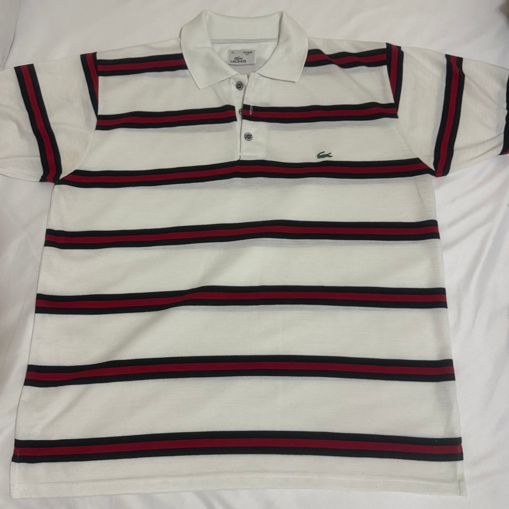 Lacoste Mens Vintage Fit Striped Polo Shirt XL White Navy Red Pique Logo